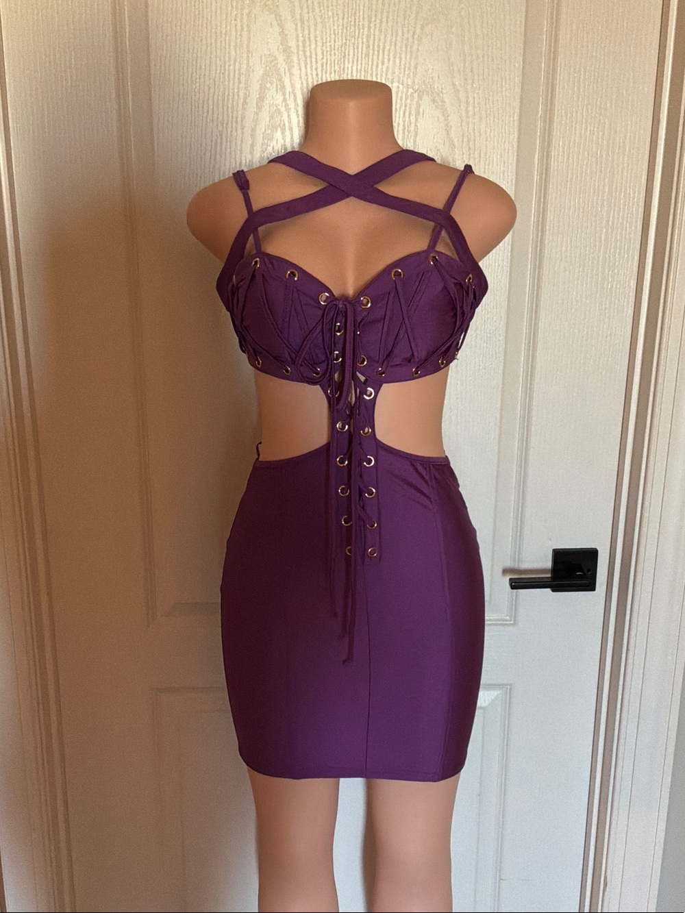 Strappy Purple Lace-Up Cutout Bodycon Mini Dress